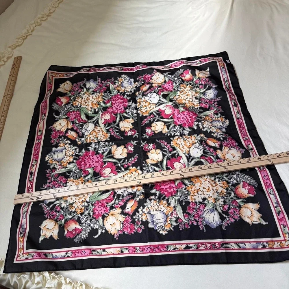 Vintage black floral scarf with pink tulip print oversized statement scarf